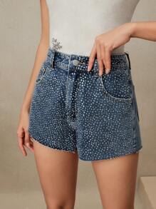 Anewsta Fashionable Sparkle Embellished Denim High-Waisted Shorts - Blue - View 1