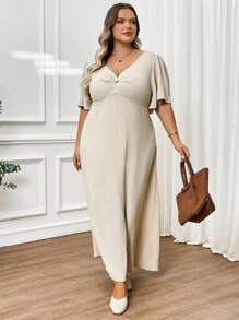 SHEIN CURVE+ Plus Size Casual Elegant V-Neck Cinched Waist A-Line Long Dress, Suitable For Holiday Graduation Dress/ Graduation Dresses For Women/ White Graduation Dress/ Graduation Outfit.,Summer Outfits For Womenbeach Outfits For Woman/Beach Dress/Beach Vacation Outfits/Beach Essentials / Graduation/Tea Party Dresssummer/Country/Beach Vacation Outfits/Beach Outfits/Beach Wear