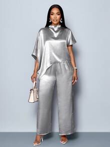 SOLERSUN Conjunto de blusa de satén con cuello de pico elegante y mangas tipo murciélago, bajo asimétrico, y pantalones rectos y elegantes largos, en color liso sofisticado para mujer