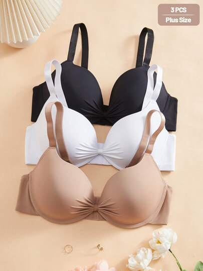 DesireSculpt 3 件加大码纯色蝴蝶结聚拢罩杯超细纤维带钢圈曲线文胸（黑色、白色和裸色），提升