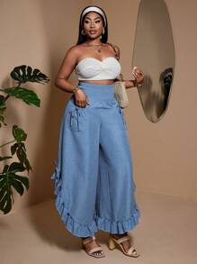 Maweii Pantalones informales casuales de talla grande con decoración de lazo y dobladillo con volantes