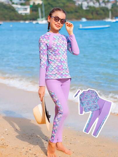 Sparklyn 3pcs/Set Tween Girl Mermaid Scale Print Tankini Set And Headband ,Conservative Swimsuit With Long Sleeves And Long Pants Young Girls Sets Beach Wear For Girls Long Sleeve Bathing Suits For Girls Teens Girls Bathing Suit Long Sleeve Girls Active Wear Summer Holiday