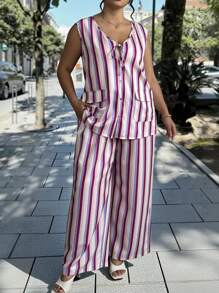 INAWLY 2pcs/Set Plus Size Women Striped Front Tie Sleeveless Blouse And Pants Set - Multicolor - View 4