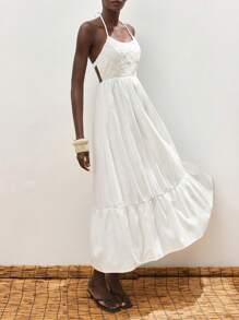 Maija 女式白色 U 领连衣裙，露背系带纯色宽松 A 字形夏季度假连衣裙