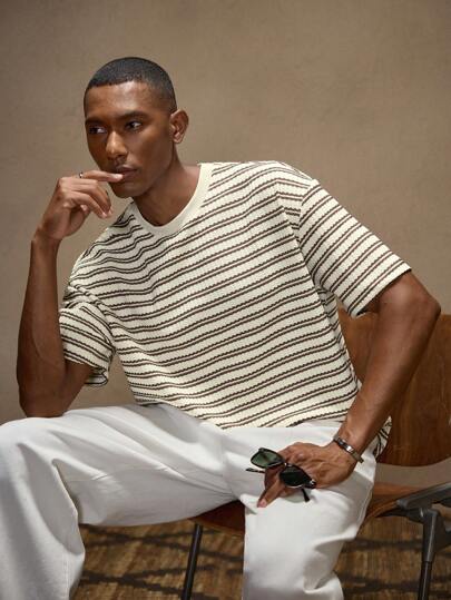 AKNOTIC Business Casual Men's Vintage Striped Loose Fit Round Neck Short Sleeve Casual T-Shirt, Suitable For Summer