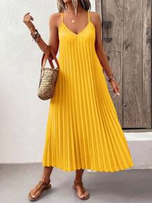 Chiquease Solid Pleated Hem Cami Dress Without Belt Maxi Women Outfit - Yellow - View 4