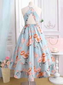 SHEIN Leap Crew Tween Girl Backless Strap Floral Print Sleeveless Vacation Dress - Baby Blue - View 8