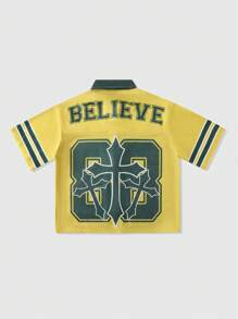 ROMWE MEN Street Life Men's Jersey Religious Boxy Fit Mesh Patchwork Short Sleeve Shirt, Sporty Shirt - Yellow - View 2