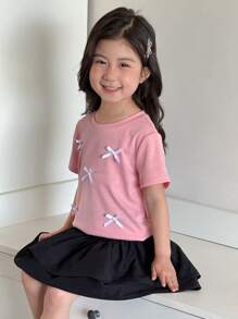SHEIN Young Girls Casual T-Shirt With Bow Decoration And Casual Double Skirt Set With Ruffle Hem, Suitable For Daily Wear - Multicolor - View 3