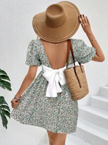 SHEIN Frenchy Women's Ditsy Floral Backless Tie Detail Puff Sleeve Mini Vacation Dress