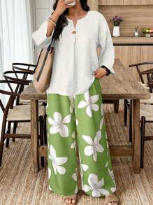 Weeklong Plus Size Women Summer Casual Notched Neck Loose Top And Floral Print Pants 2 Pieces Set - Multicolor - View 1
