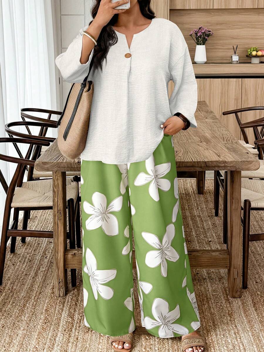 Weeklong Plus Size Women Summer Casual Notched Neck Loose Top And Floral Print Pants 2 Pieces Set - Multicolor - View 1