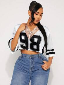 SHEIN SXY Casual Street Style T-Shirt With Numeric Print & Lace Mesh Cutout, Suitable For Casual Wear, Sports Events, St. Patrick's Day, Versatile Top - White - View 1