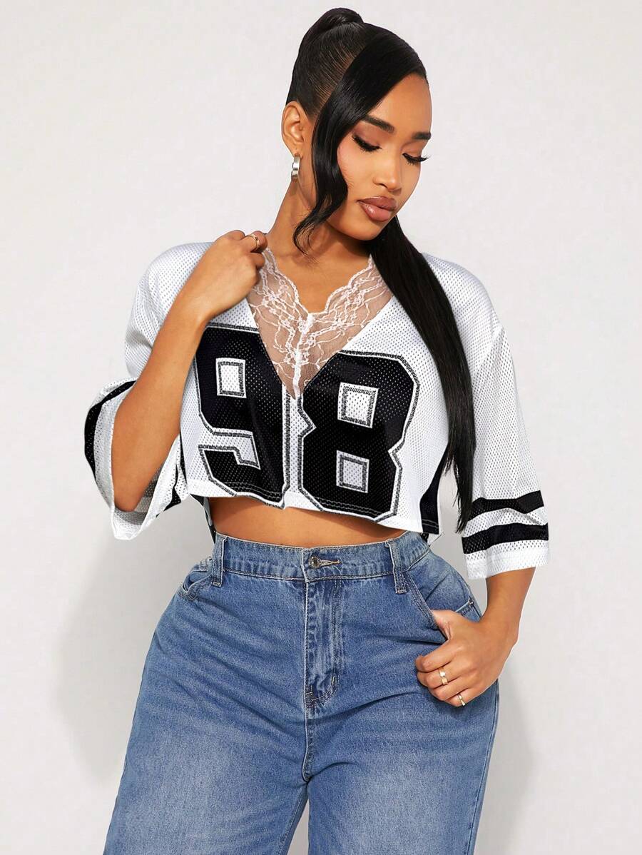 SHEIN SXY Casual Street Style T-Shirt With Numeric Print & Lace Mesh Cutout, Suitable For Casual Wear, Sports Events, St. Patrick's Day, Versatile Top - White - View 1