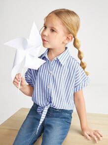 SHEIN Bluză casual cu cravată în dungi raglan supradimensionată pentru fete tinere