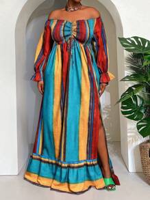 Slaydiva Robe de vacances grande taille, nouvelle arrivée. Convient pour le printemps et l'été. Polyvalente, décontractée, tout-aller, sexy. Imprimé rétro multicolore dégradé rayé. Sans manches, épaules dénudées, manches longues, taille cintrée, fente haute, volants à l'ourlet, coupe évasée ample. - Multicolore - Voir 2