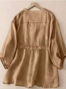 Áo cánh vải lanh cổ chữ V rộng rãi đa năng mới giúp thon gọn dành cho người ngoại cỡ - Màu Khaki - Xem 2