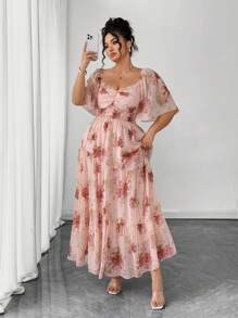 SHEIN Clasi 大码女式玫瑰印花雪纺常规春夏优雅短袖粉色连衣裙