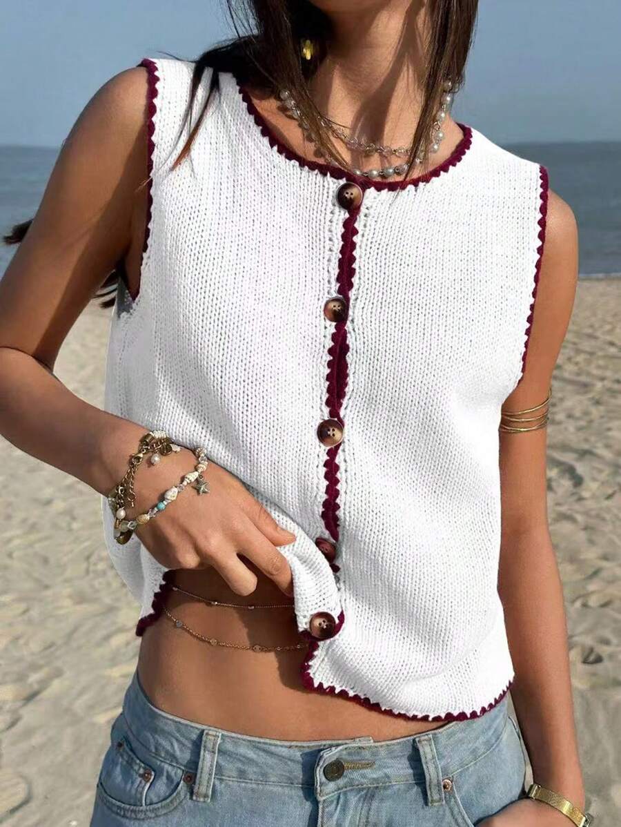 Jouncy Women's Single-Breasted Crew Neck Sleeveless Casual Knit Top - White - View 1