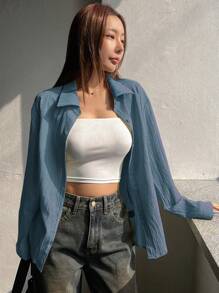 DAZY 女士宽松休闲纯色长袖衬衫，秋装 - 霧霾藍 - 查看 5