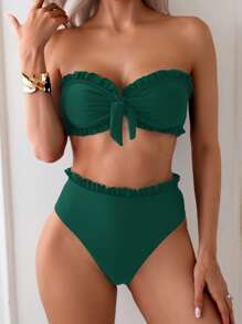 SHEIN Swim Women's Summer Beach Solid Color Ruffle Trim Bandeau Bikini Set With Front Knot, Two Pieces Swimwear Black Bathing Suits - Olive Green - View 3