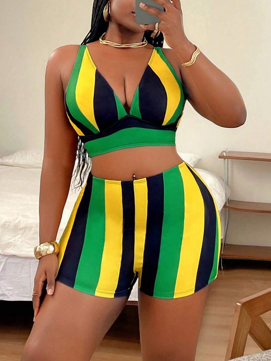 Slaydiva 大码女式两件套条纹图案印花 V 领比基尼上衣搭配高腰泳裤，夏季海滩度假