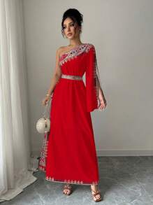 Elenzga 纯色几何印花优雅时尚连衣裙 - 紅色 - 查看 4