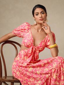 Swim Oasis Women Long Sleeve Front Tie Back Gathered A-Line Print Dress - Hot Pink - View 6