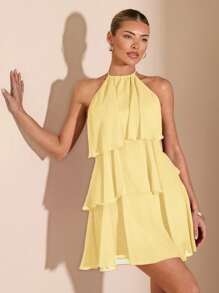 SHEIN BAE 夏季海滩度假纯红色层叠荷叶蛋糕雪纺迷你连衣裙，适合日常约会、夜间外出、夜总会、派对、聚会、鸡尾酒会、泳池派对、返校季服装、学校季连衣裙、节日连衣裙、芭蕾舞裙 - 黃色 - 查看 6