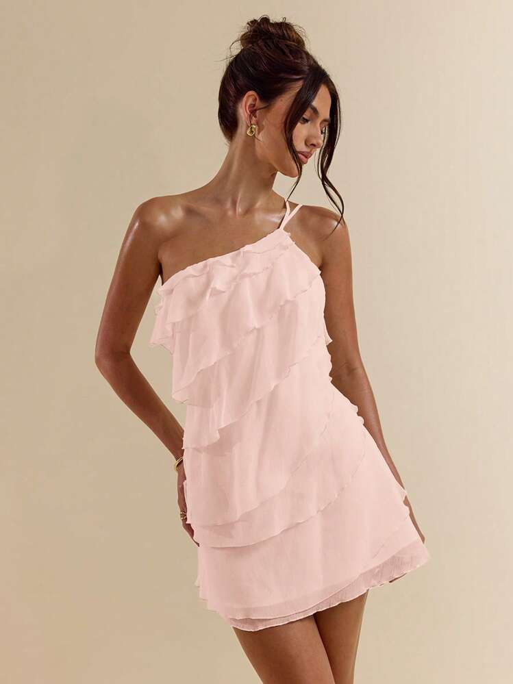 SHEIN BAE Vestido mini de camadas de folha de lótus na cor sólida de damasco, adequado para encontros diários, saídas noturnas, baladas, festas, happy hours, festas de coquetel, festas à beira da piscina, roupas de volta às aulas, vestidos de época escolar, vestidos de férias, roupas de festivais de música, roupas de festivais de música country, roupas de shows - Rosa empoeirado - Visão 4