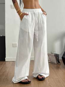 Coolane Women's Summer Country Concert Going Out Boho Beach Vacation Basic Minimalist Washed 100% Cotton White Pants Curved Hem Pants, Fall Women Clothes