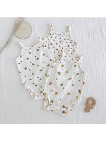 Loomiva Newborn Baby Girl 3pcs Set Plant & Floral Pattern Suspender Bodysuit Outfit - Multicolor - View 4