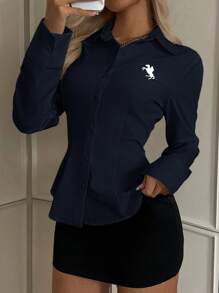 SHEIN EZwear Women's New Embroidery Decor Navy Blue Fitted Long Sleeve Shirt - Navy Blue - View 5