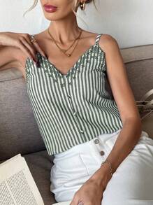 SHEIN Frenchy Women Strap Crop Top Striped, Fashionable For Summer Green Casual Christmas - Green - View 5