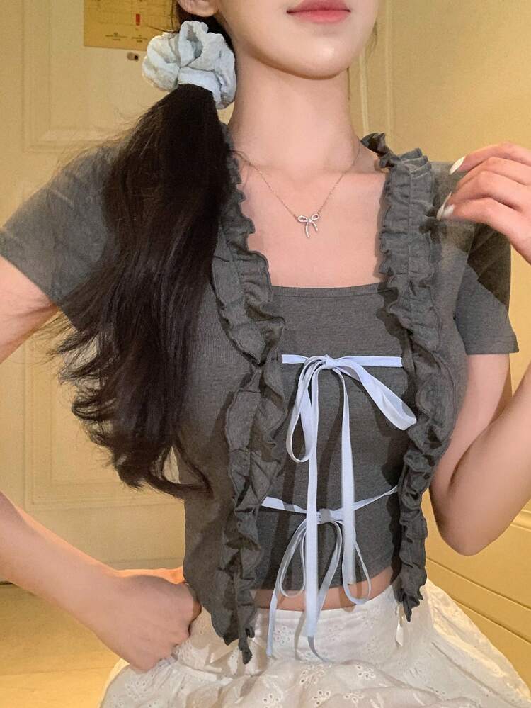 Women's Summer Design Waist Gathered Elegant Blouse, Round Neck Short Puff Sleeve French Style T-Shirt,Crop Tops Women