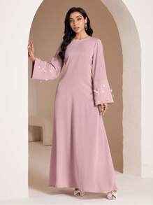 Veilorie Women's Elegant Beaded Bow Decorated Arabian Style Dress, Modest - Pink - View 7