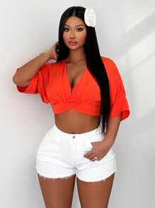 Zolique Women's Solid Color Short Sexy Backless Batwing Sleeve Shirt - Orange - View 3