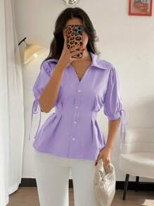 Franclia 优雅短袖衬衫，修身泡泡袖隐腰修身上衣，适合女士 - 淡紫色 - 查看 6
