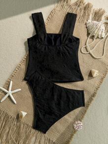 Swim Vcay 2pcs Women Summer Beach Jacquard Textured Fabric Swimsuit Set - Black - View 2