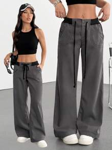SHEIN EZwear Women's Casual Dark Gray Drawstring Waist Straight Leg Pants - Dark Grey - View 1