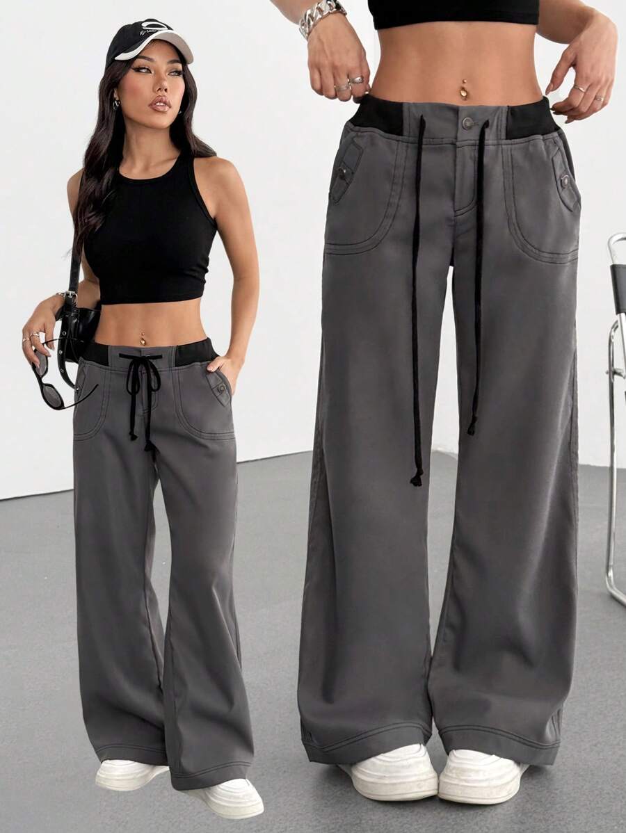 SHEIN EZwear Women's Casual Dark Gray Drawstring Waist Straight Leg Pants - Dark Grey - View 1