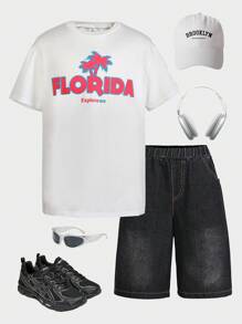 Tween Boy Letter Print Round Neck Short Sleeve T-Shirt, Summer - White - View 3