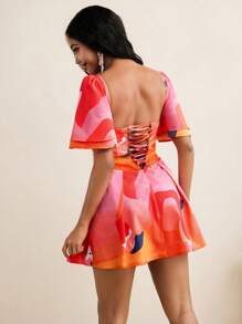 Eva Novielli Tropical Printed Bustier Corset Bodice A-Line Lace-Up Mini Dress Women Summer Vacation Dress