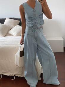 Livesso Women Denim Two Pieces Outfits - Blue - View 4