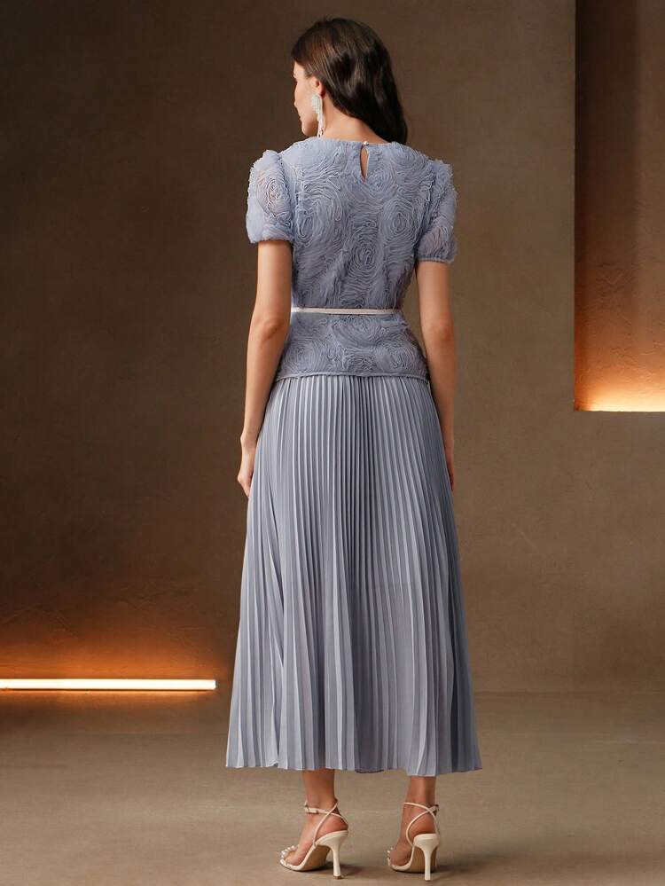 Women's Elegant Date Short Sleeve Pleated Puff Sleeve Embellished Floral Long Dress, Waist Cinching, Fabric Splicing, For Spring, Summer, Festival, Graduation
