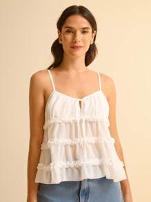 CAJUNI Boho Style White Layered Ruffle Tie-Up Women's Camisole