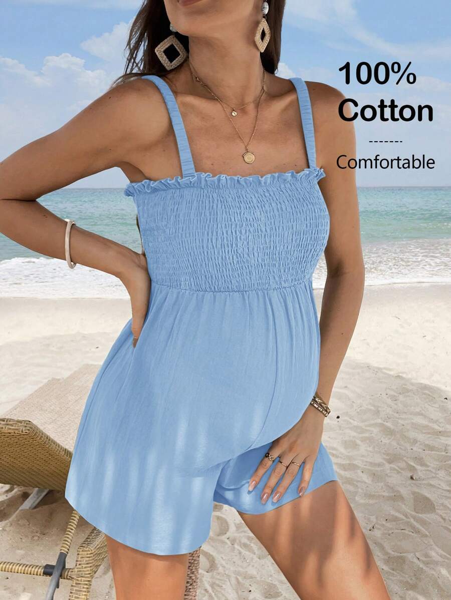 SHEIN 荷叶边吊带孕妇连体衣 - 藍色 - 查看 1