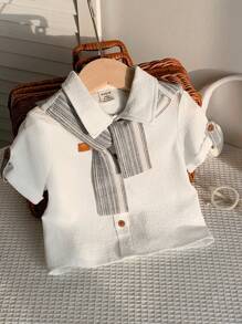 SHEIN 2件套女婴可爱夏季休闲百搭白色短袖衬衫配条纹披肩 - 彩色 - 查看 8