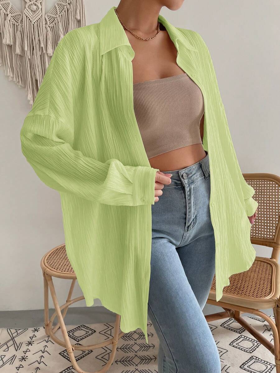 SHEIN EZwear 绿色女式衬衫落肩纽扣沙滩衬衫 - 青檸色 - 查看 1