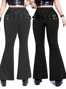 Whyspr Casual Punk Plus Size Fashion Waist Belt Decor Flared Pants - Black - View 1